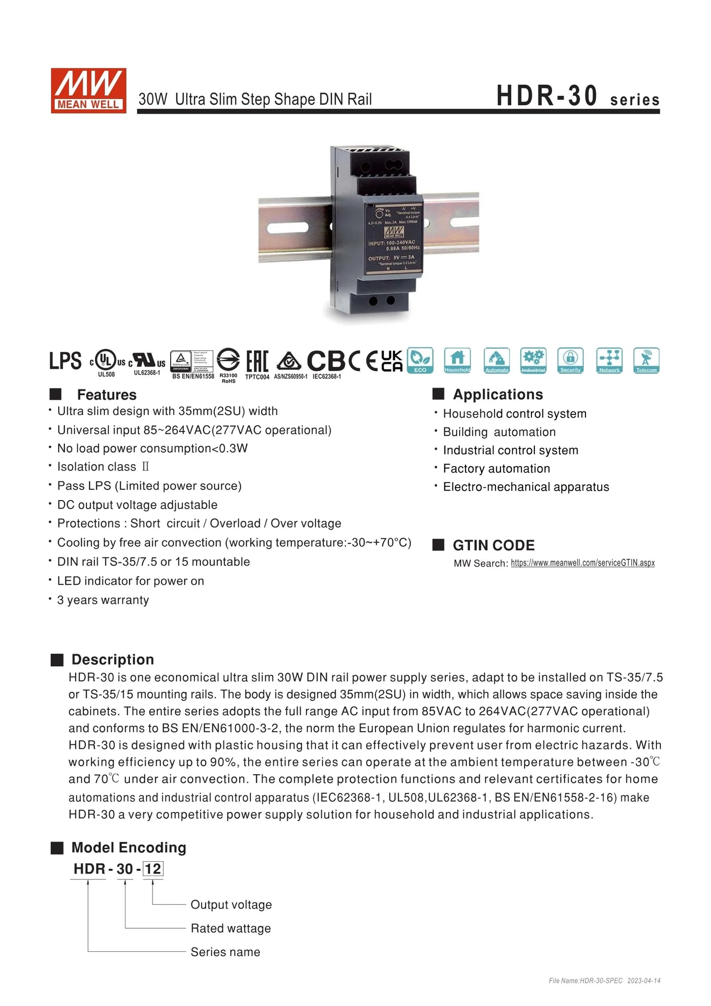 Mean Well HDR 24W 12V 2A DC Powertransformer