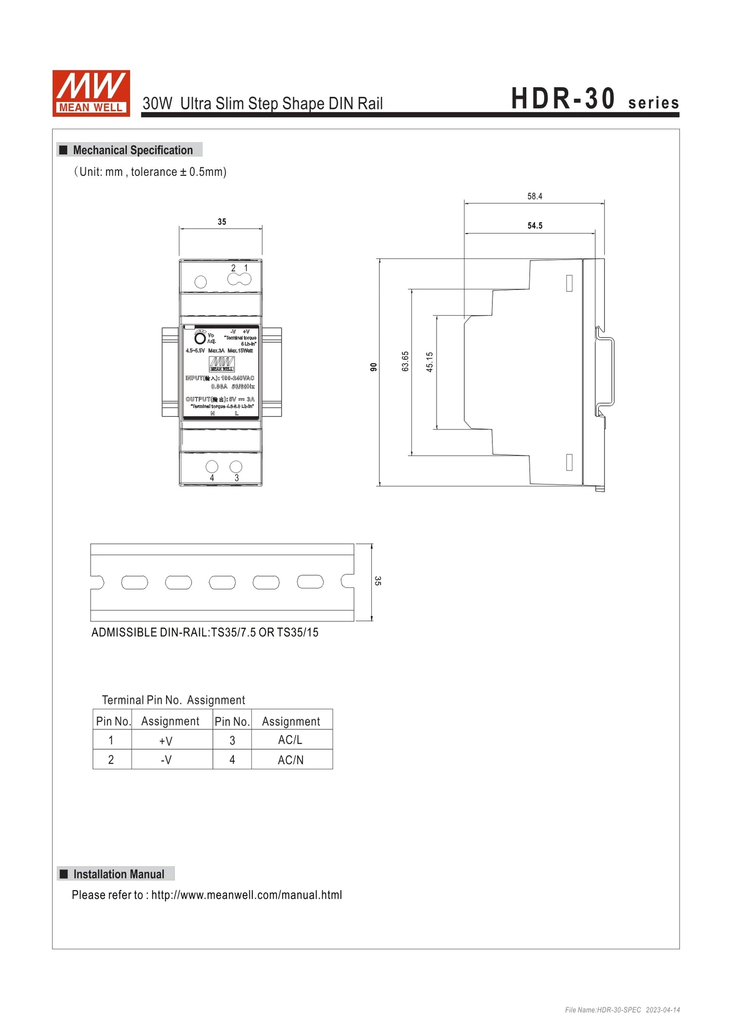 Mean Well HDR 24W 12V 2A DC Powertransformer